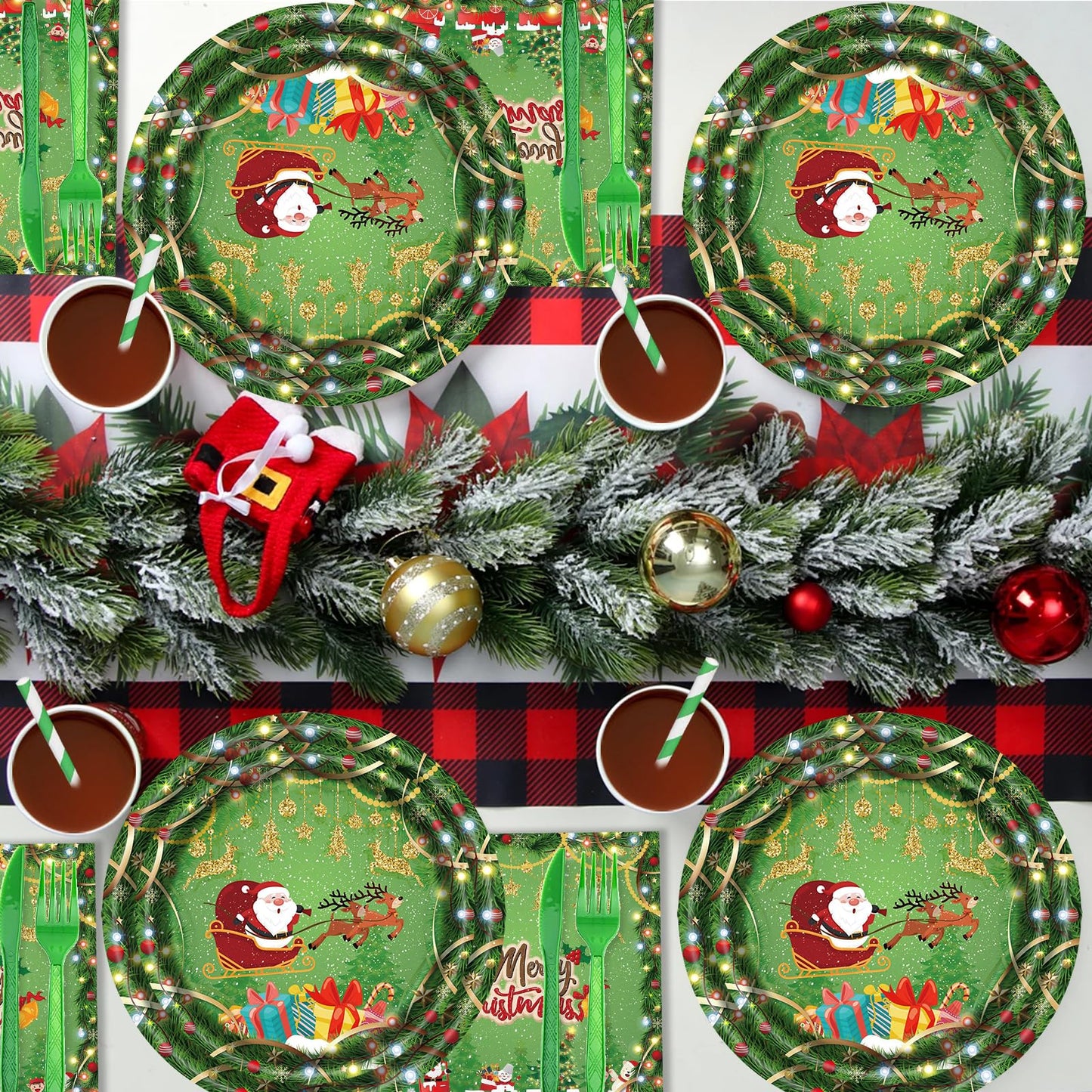168PCS Christmas Plates and Napkins, Cartoon Santa Claus Snowman Christmas Disposable Dinnerware Set Party Supplies, Green Holiday Paper Plates Napkins Cups Cutlery for Xmas Serves 24