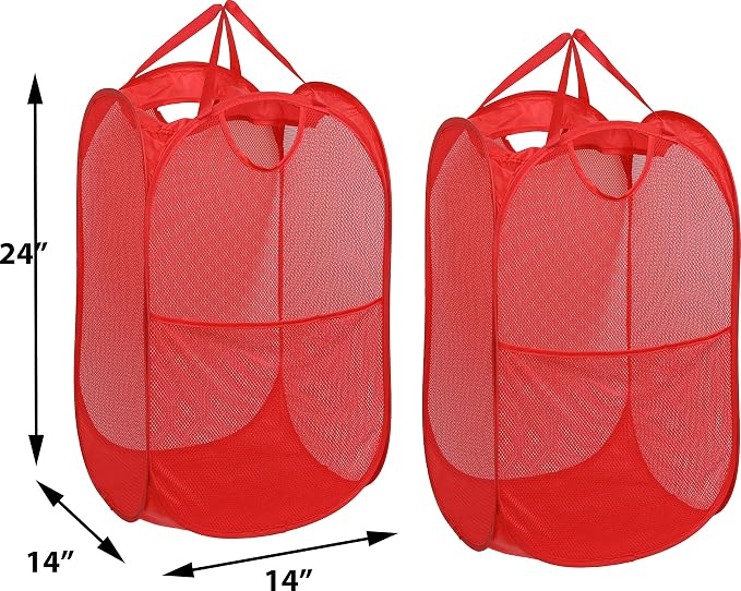 Simple Houseware Mesh Pop-Up Laundry Hamper Basket with Side Pocket, Red - 2 Pack