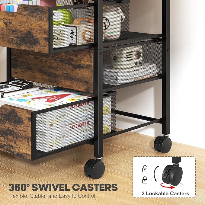 Rolling Cart with Drawers, Wooden Top and Front, with Wheels Metal Under Desk Storage Cart with 4 Drawers, for Office, Bedroom, Classroom, Home, Rustic Brown