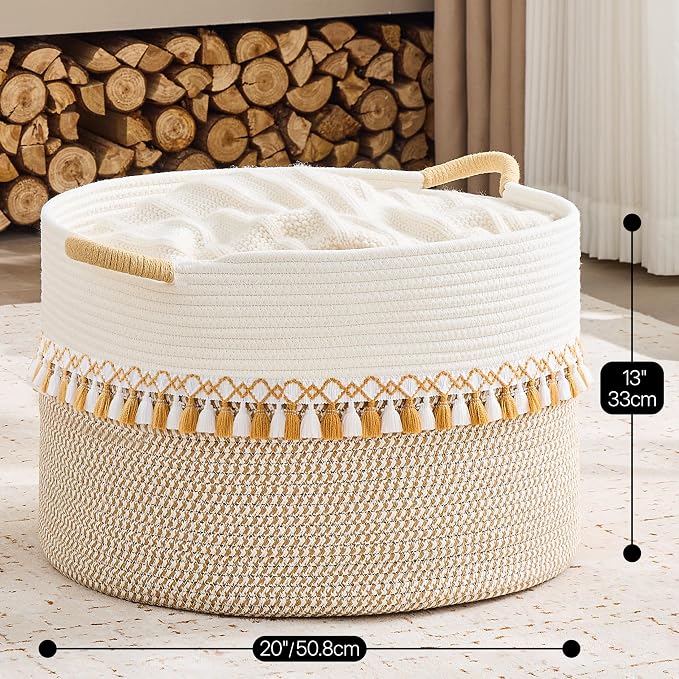 KAKAMAY Cotton Rope Storage Basket (20"x13"),Woven Hamper for Blankets,Toys,Pillows,Clothes,Laundry,Sturdy Handles Decorative Basket for Living Room, Bedroom,Nursery(Brown/Grey)