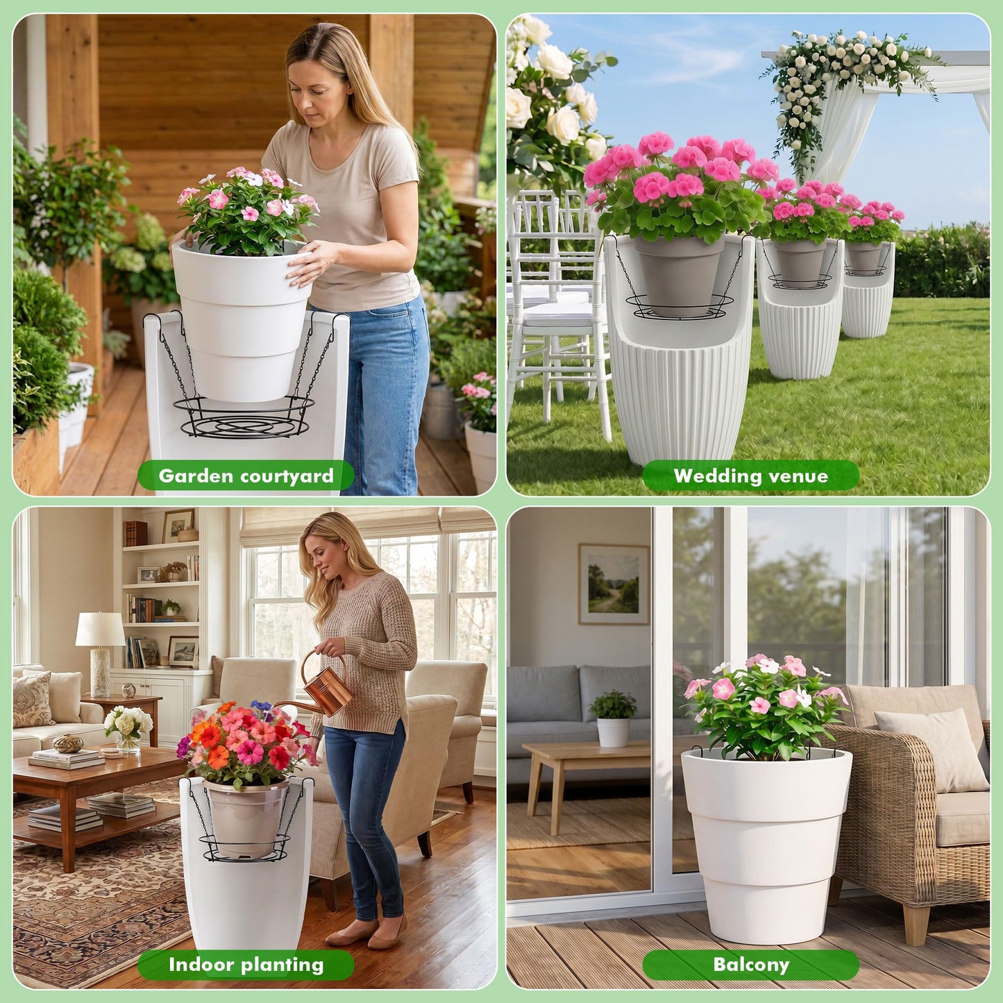 holoith 3 Pack Adjustable Planter Inserts for Pots, 12-24" Plant Risers for Inside Pots, Chain Pot Fillers for Round Planters to Reduce Soil, Black Stainless Steel Planter Insert with 4Hooks