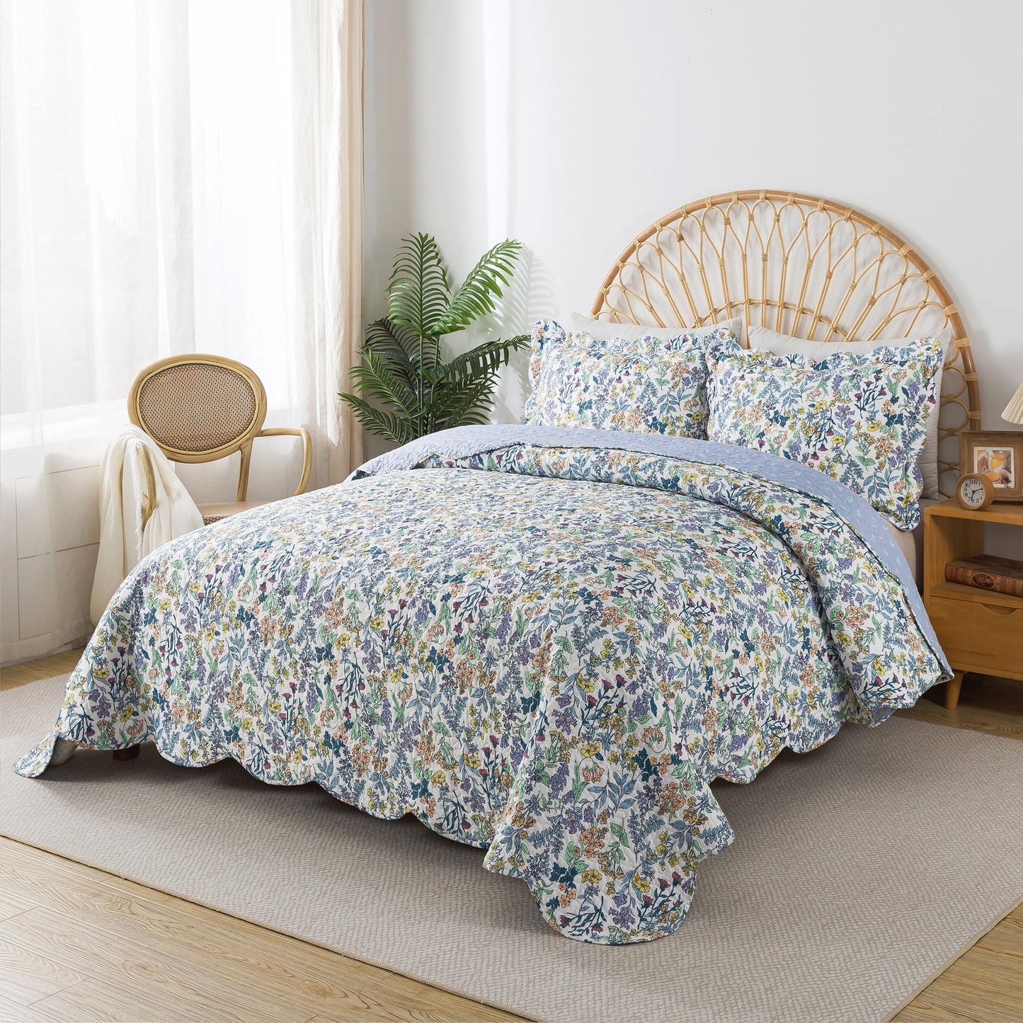 HoneiLife Quilt Sets Queen Size - Floral Quilt 3-Piece,Botanical Bedspreads Wildflower Coverlets for Queen Bed,Microfiber Bed Cover, Queen Quilt Bedding Set All Season Quilts-Variety