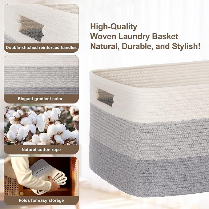 86L Extra Large Laundry Basket with Leather Handles for Living Room Storage, Woven Rope Baskets for Blanket, Kids Toy, Gifts, Wicker Hamper for Bedroom Dirty Clothes, 24"x16"x14" Gradient Grey