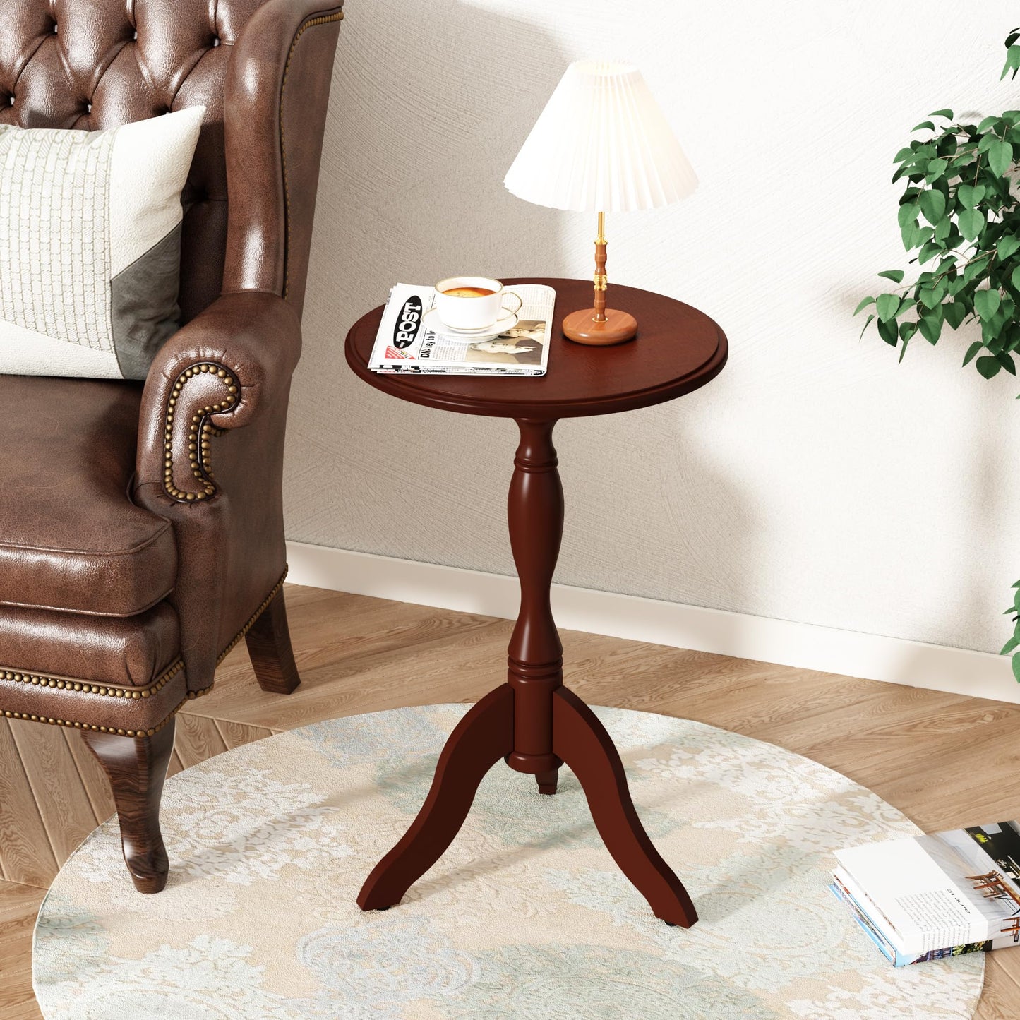 HLR Round Small End Table, Wooden Pedestal Side Coffee Tables, Vintage Accent Nightstand for Living Room, Bedroom, Entryway (1, Dark Brown)
