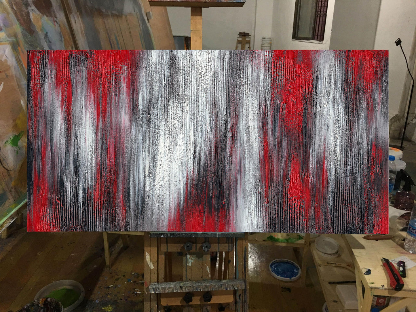 MyArton Textured Red Black White Abstract Canvas Wall Art Hand Painted Modern Decoration Oil Painting Picture Framed Ready to Hang 40x20inch for Living Room Bedroom Office Decor