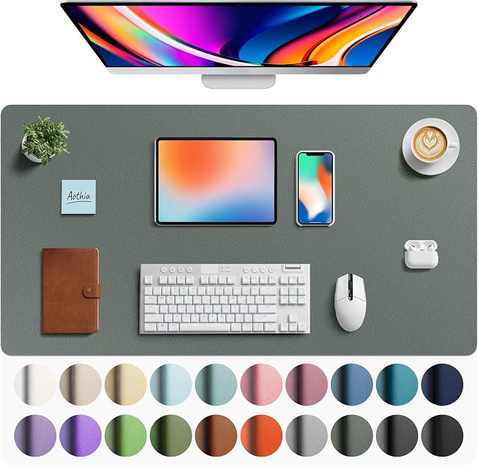 Aothia Faux Leather Desk Mat - Large Mouse Pad, Non-Slip PU Leather Blotter, Waterproof Writing Surface for Office and Home (Jungle Green, 40" x 24")