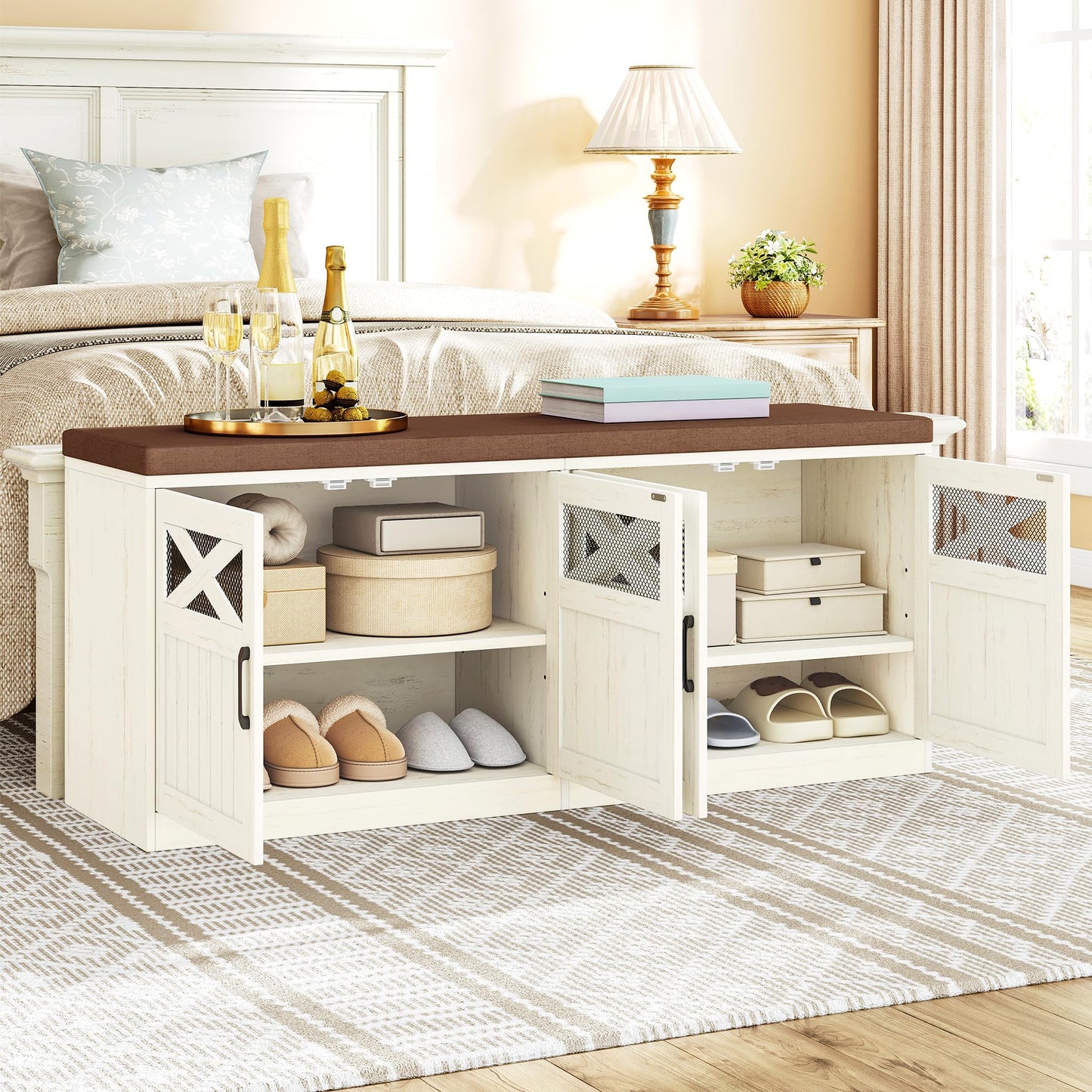 Hzuaneri 2 Tier Shoe Storage Bench with Doors, 47.2" Farmhouse Shoe Bench with Padded Cushion, 12 Pairs of Bed End Bench, Entryway Bench with Storage for Bedroom, Living Room, Rustic White SB61214KA