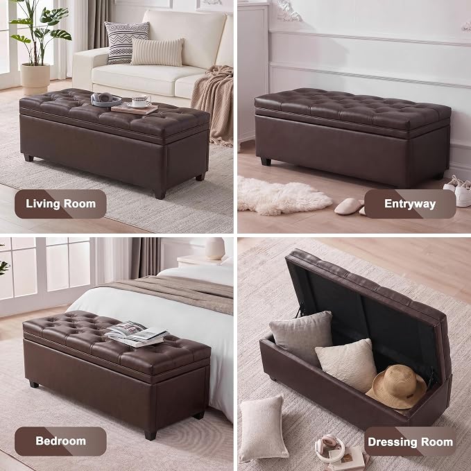Mangodan 43" Storage Ottoman Bench, Tufted Ottoman with Storage for Living Room, Large End of Bed Ottomans, Modern Entryway Benchs, Window & Bedroom Benches for Foot of Bed (Faux Leather Dark Brown)