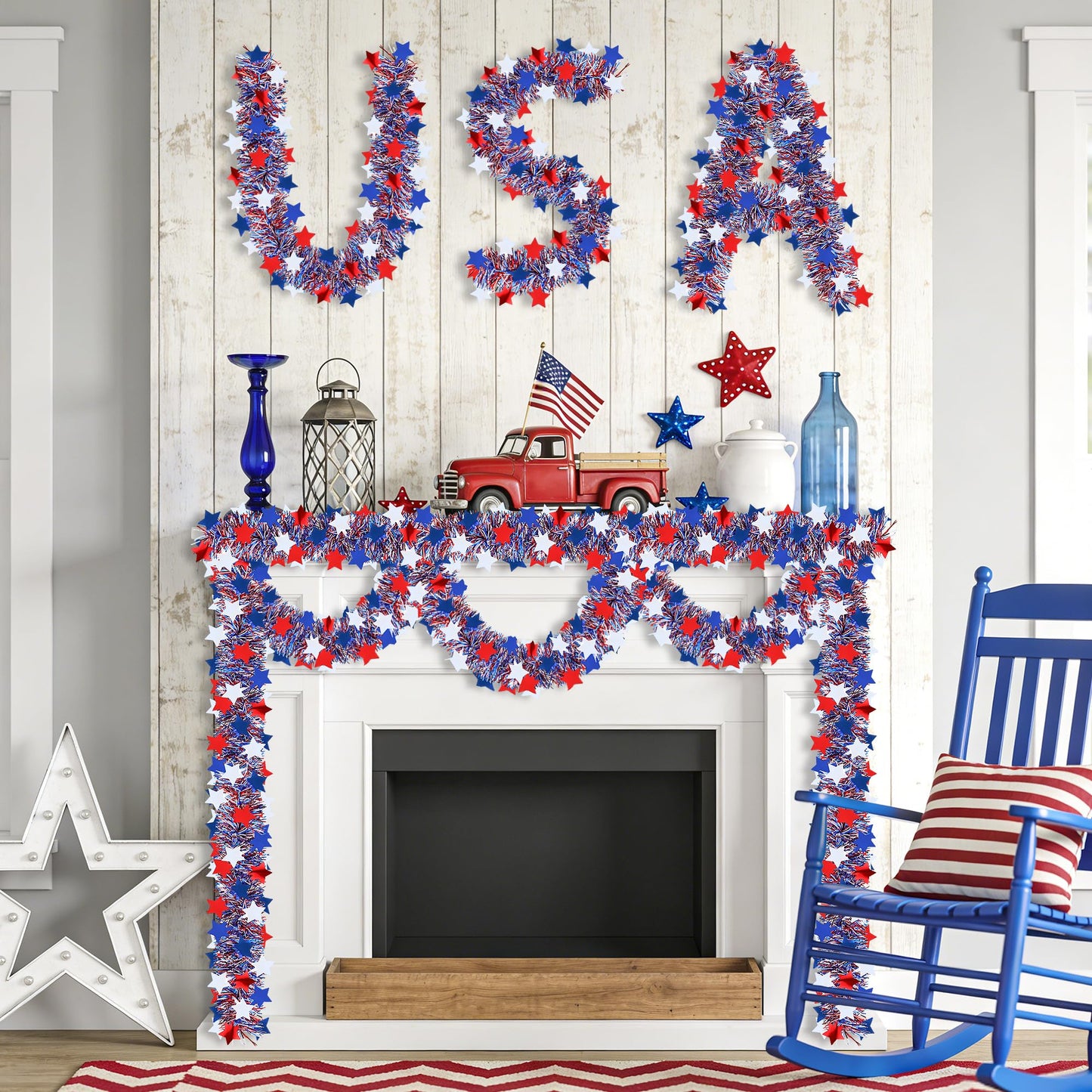 50FT Patriotic Tinsel Garland 4th of July Decorations, Fourth of July Red White and Blue Metallic Garland with Stars for July 4th Independence Day Memorial Day Home Indoor Outdoor Decor