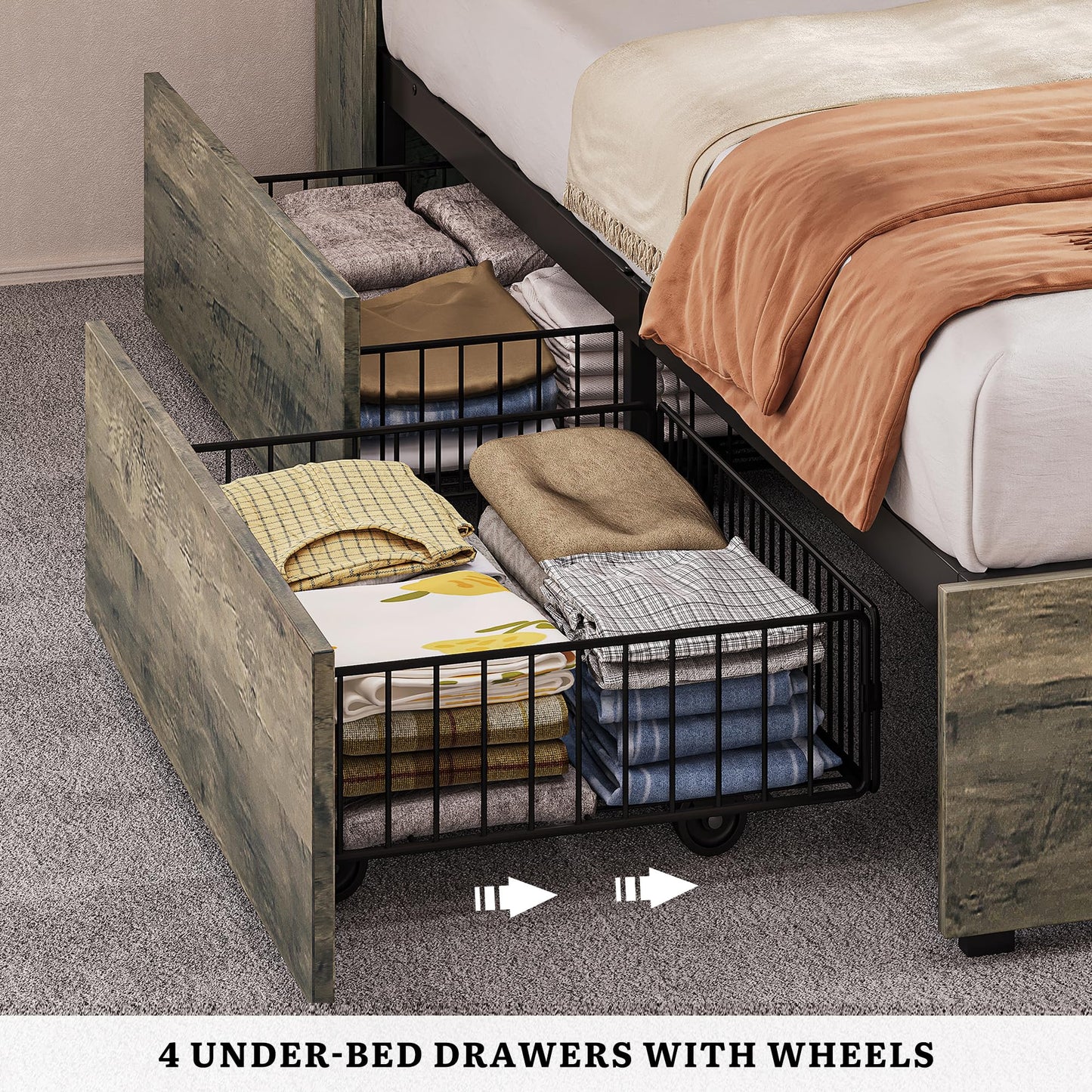DWVO Farmhouse King Size Bed Frame with Storage Bookcase Headboard, Sliding Barn Door, 4 Storage Drawers, RGB LED Bed Frame with USB Charging Station, No Box Spring Needed, Cement Grey