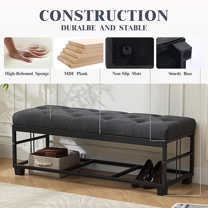 Mangodan 43 Inch Linen Storage Ottoman Bench, Foot Rest with Legs, End of Bed Bench, Storage Chest, Load up to 660 Lb, Ottoman with Storage Bench for Living Room, Bedroom, Entryway (Charcoal)
