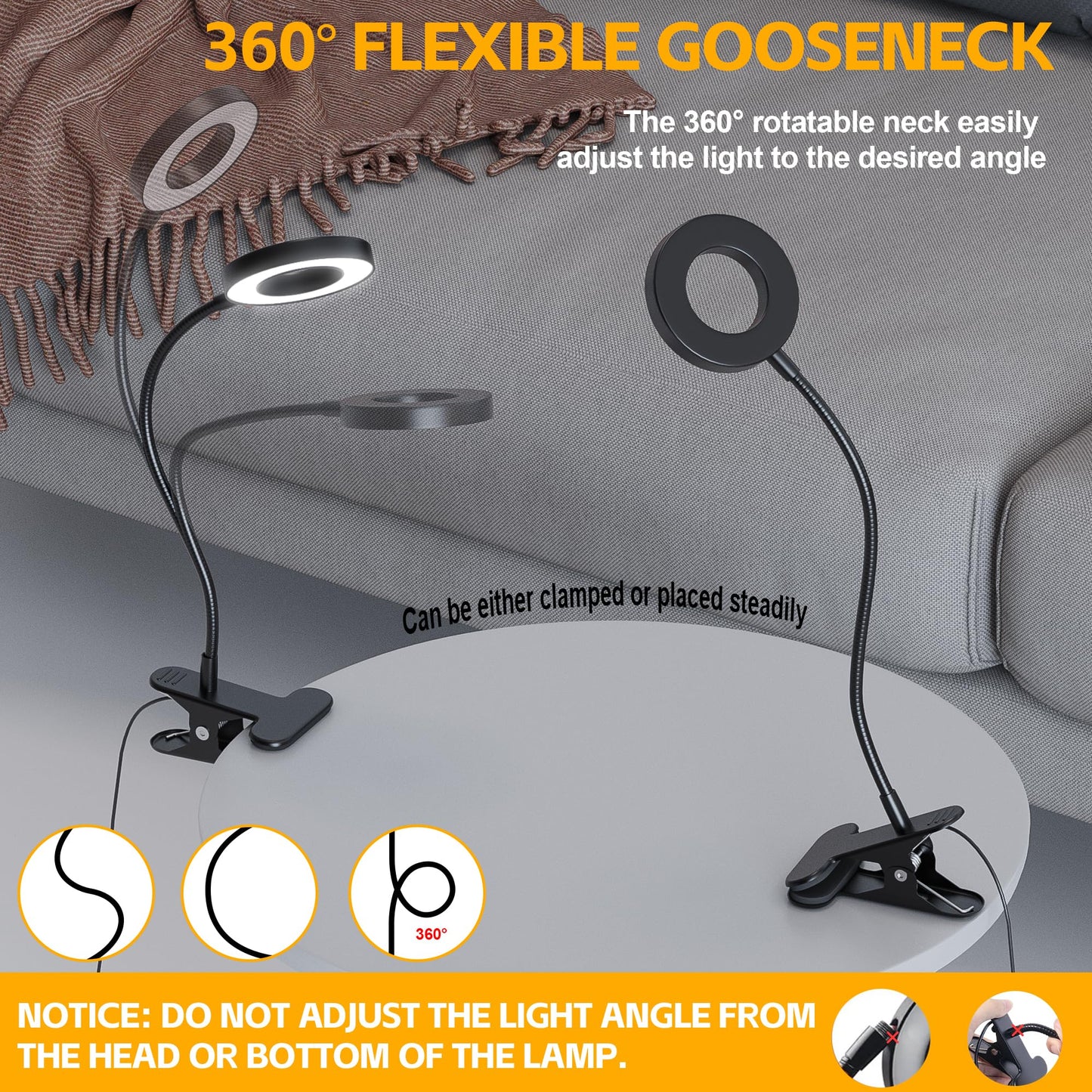 Foneso Desk Lamp Clip on Light, 48 LED USB Lamp with 3 Color Modes 10 Brightness Levels, 360° Flexible Gooseneck Eye Protection Bed Night Light for Reading, Makeup, Craft (Black)