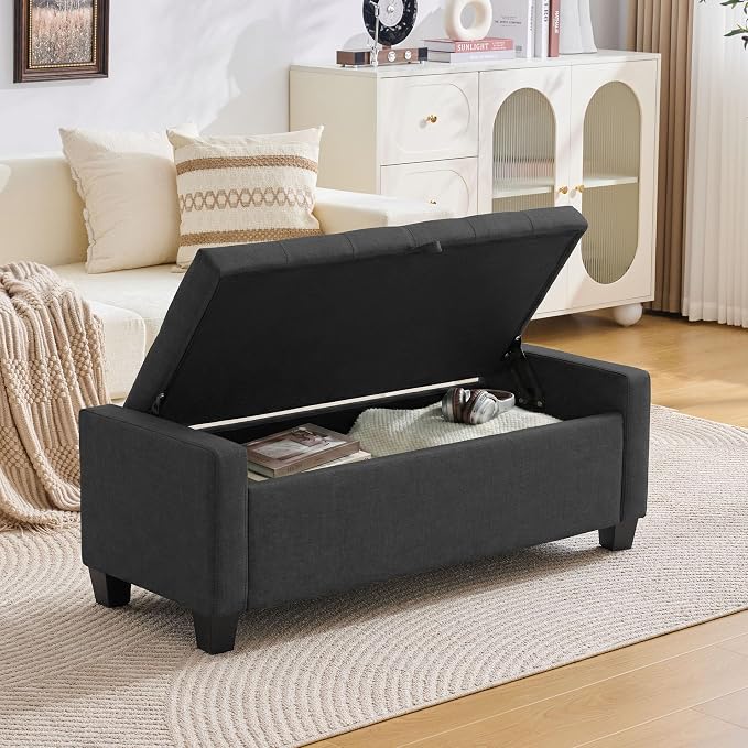 Huatean Home 43" Ottoman with Storage, Storage Ottoman Bench with Safety Hinge, Upholstered Entryway Bench with Seating for Bedroom, Living Room, Holds up to 330 lb, Dark Gray