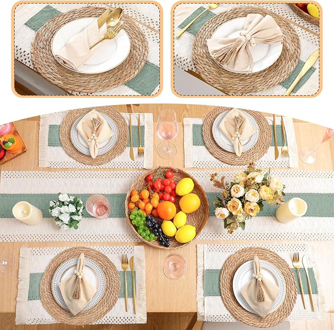 4 Sets Boho Decoration Placemats Round Woven Placemats, Cloth Napkins, Wood Bead Napkin Rings, Long Table Runner and Farmhouse Burlap Cotton for Table Kitchen (Green,12x72)