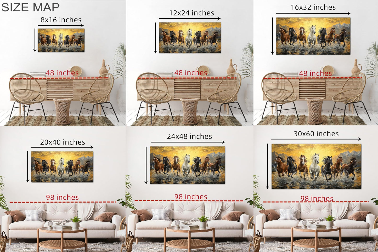 GUTTATY 7 Running Horses Canvas Wall Art, Sunset Canvas Prints, Dynamic Horse Wall Decor, Hand-Stretched Framed Wall Painting, Inspirational Artwork for Living Room, Office or Bedroom, 32x16 Inch