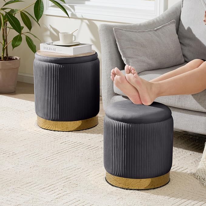 Royal Windsor Round Ottoman with Storage Set of 2, Vanity Stool with Storage for Bedroom, Ottoman Coffee Table Gold-Tone Ring Around the Base, Small Velvet Foot Stool for Living Room, Grey