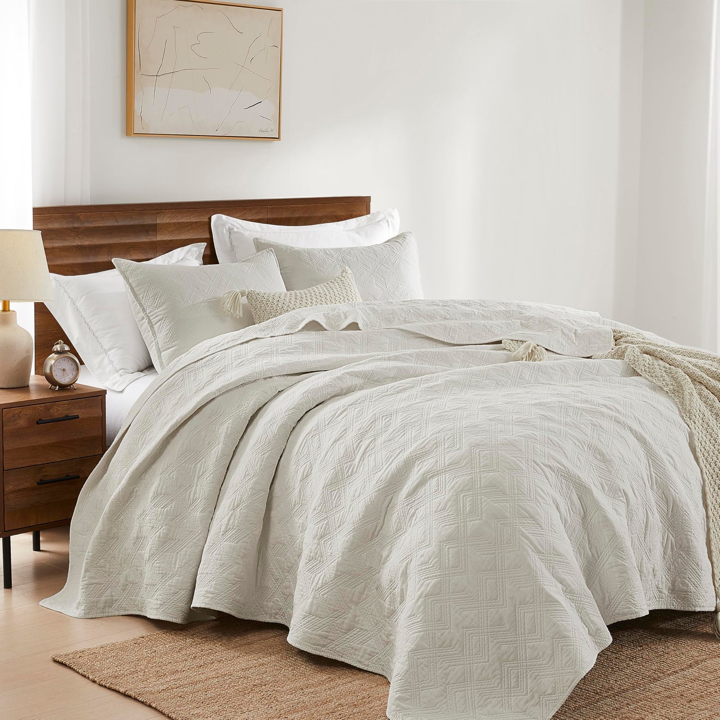 WDCOZY 100% Cotton Queen Size Quilt Set - Beige Pre-Washed Soft Lightweight Modern Bedspread, Farmhouse Country Rustic Coverlet, Textured Like Linen, Shabby Chic Gauze Bedding, 3 Pieces