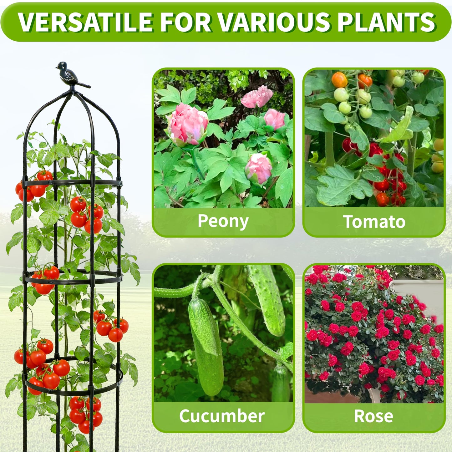 4-Pack 6FT Garden Obelisk Trellis for Climbing Plants,Adjustable 4-Tier Metal Plant Support,Rustproof Outdoor Plant Tower with 3 Decorative Tops for Roses,Tomatoes,Clematis & Vines,Black