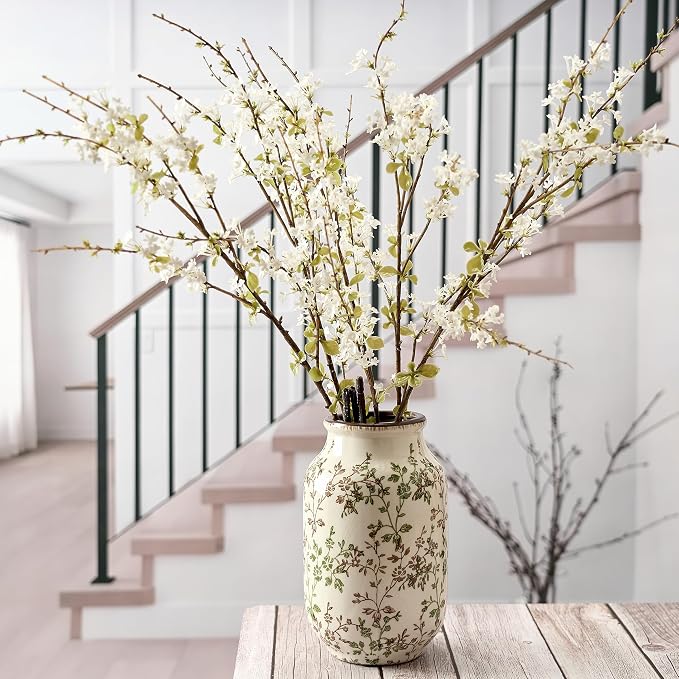 SIDUCAL Ceramic Vintage Pastoral Vase, 8.78 Inch Chinoiserie Floral Vase, Retro Ice Cracked Rustic Farmhouse Vases for Home Decor, Living Room, Bookshelf, Office, Tuscan Decor, Green and Brown Floral
