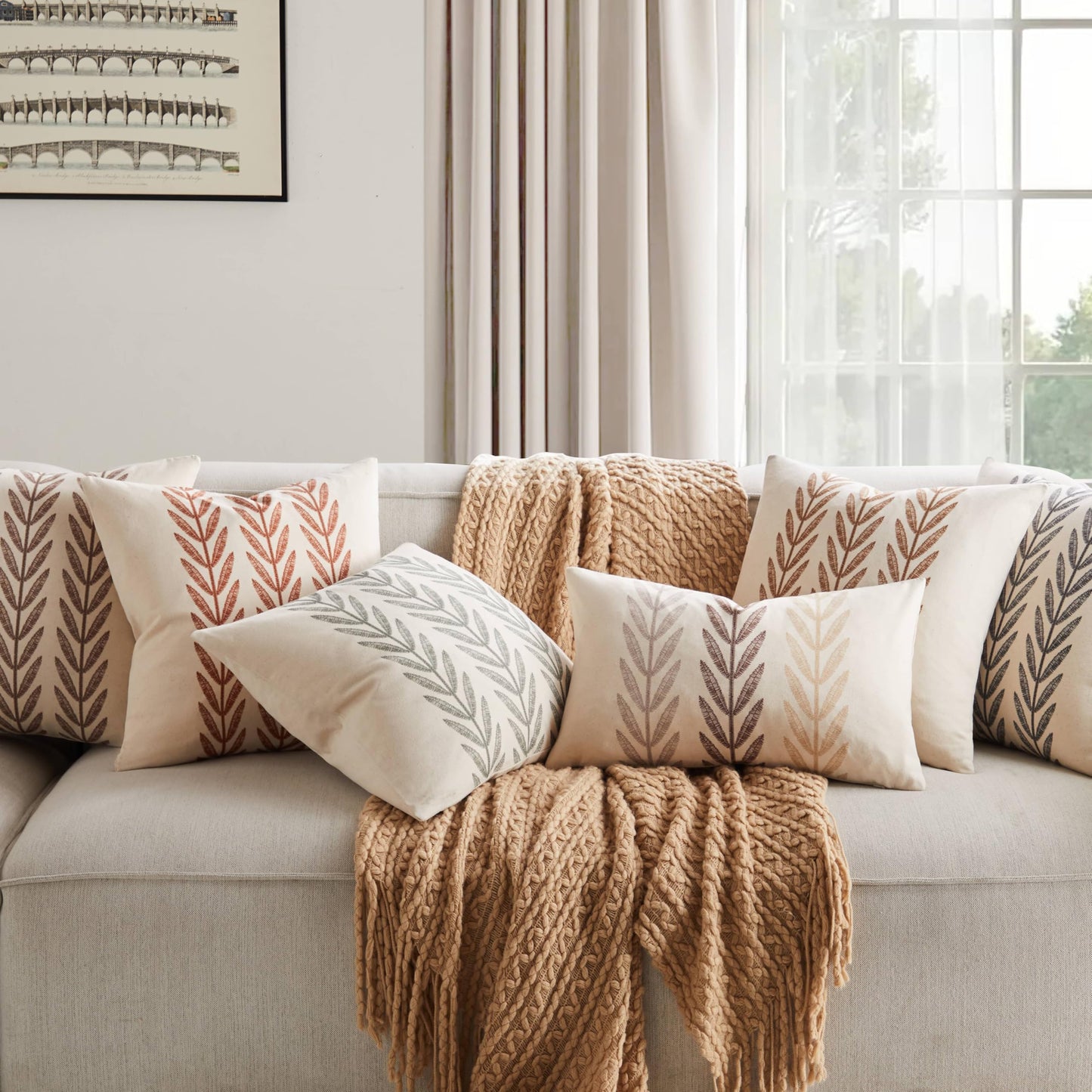 YZJZEDS 100% Cotton Farmhouse Leaves Throw Pillow Covers Set of 2, 18x18 Inch Mixed Beige Pastoral Decorative Print Cushion Covers for Sofa Bed Living Room Home Decor