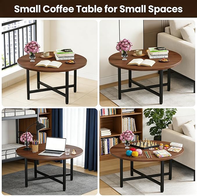 FAMIDGE Coffee Table, 23.6" Coffee Tables for Living Room, Round Coffee Table with Metal Frame, Floor Table for Sitting on The Floor, Home, Office, Dark Walnut