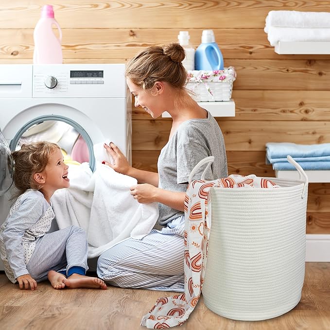 XUANGUO Cotton Rope Laundry Basket Hamper for Clothes Decorative Woven Storage Basket for Living Room Bedroom Boho Tall Rope Baskets for Blanket Toys Baby Nursery Hamper Bin Large white