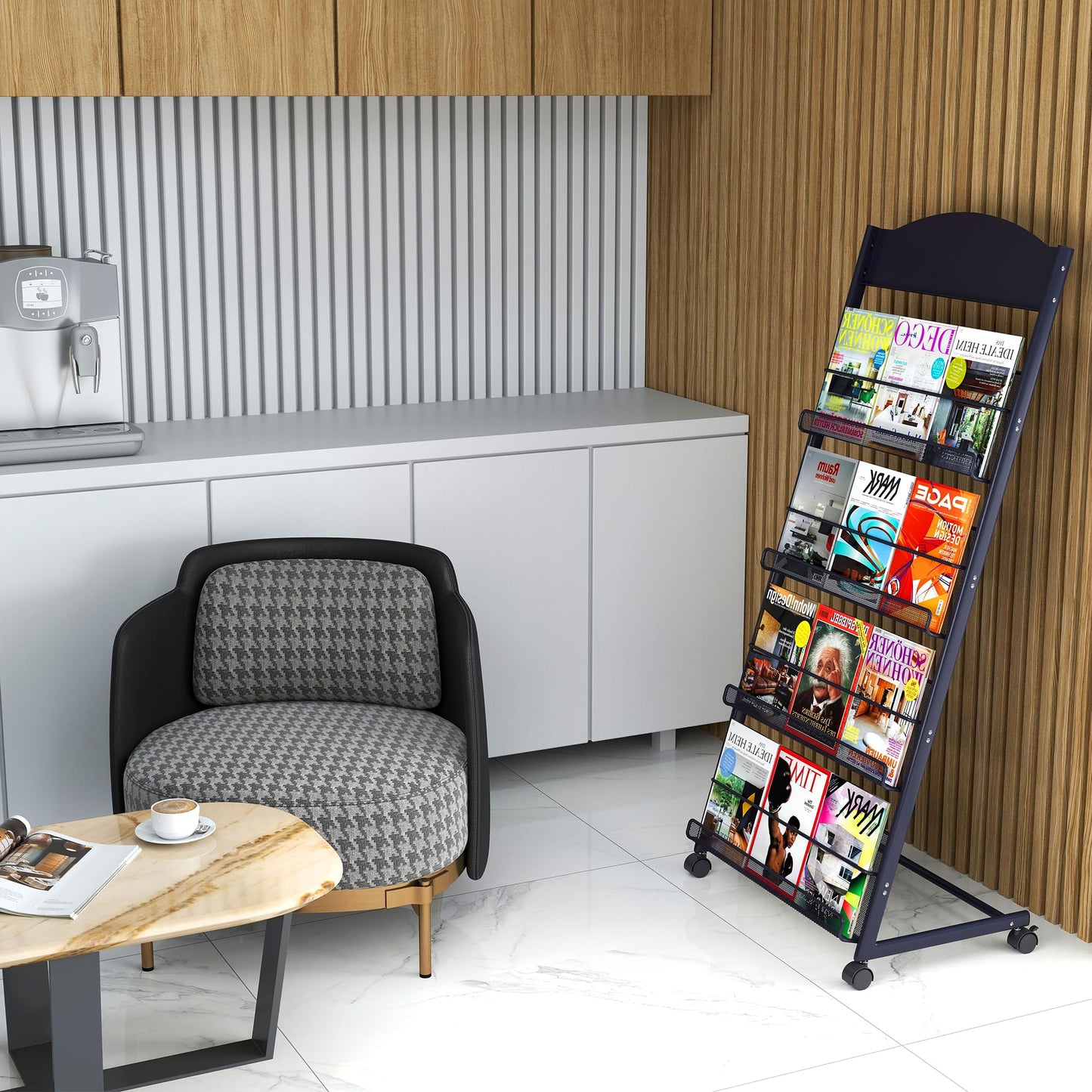 Qriocioa Brochure Display Stand 4 Layer Floor-Standing Magazine Rack Literature Newspaper Catalog Display Holder with Wheels and Top Billboard for Exhibitions,School, Hotel, Hospitals, Offices (Black)