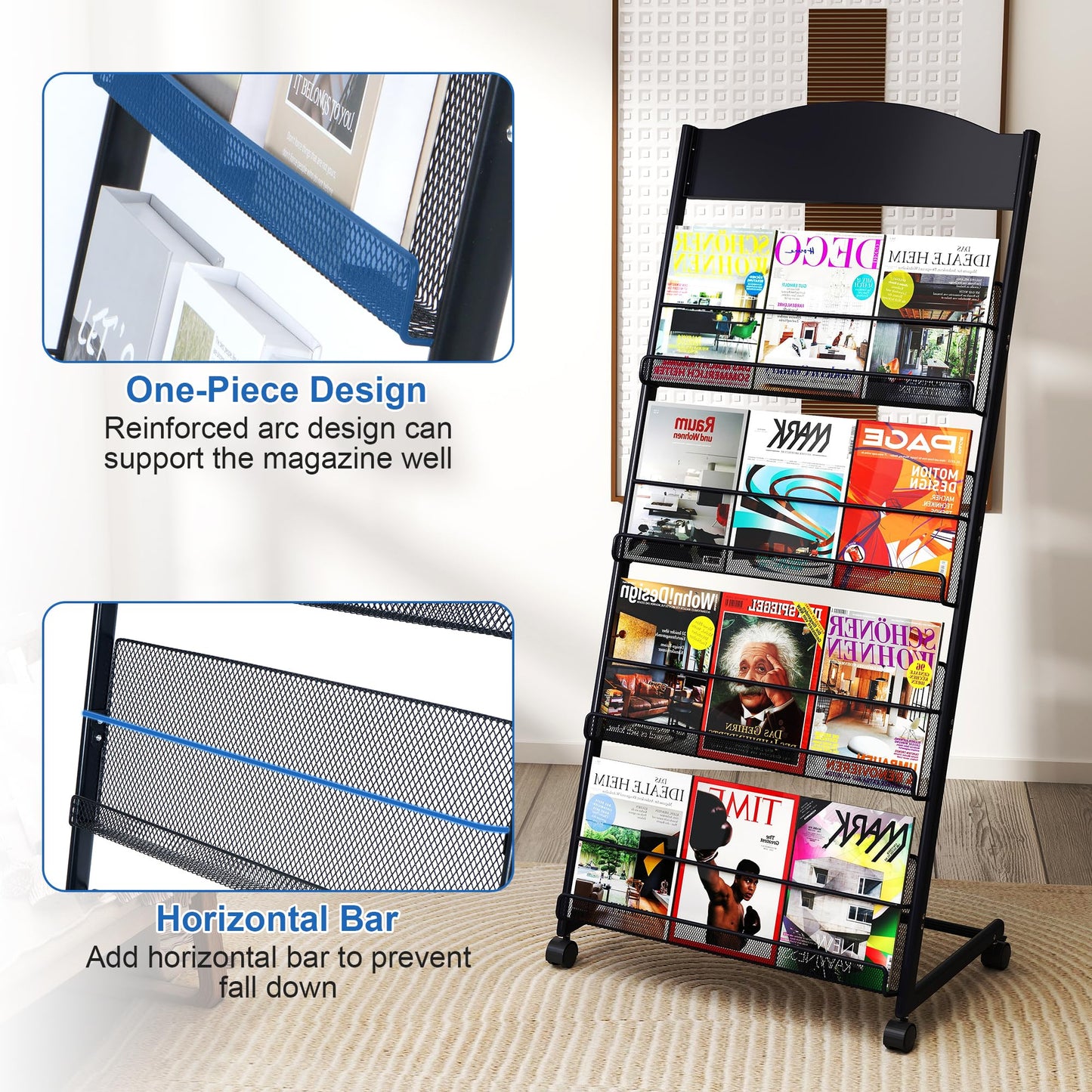 Qriocioa Brochure Display Stand 4 Layer Floor-Standing Magazine Rack Literature Newspaper Catalog Display Holder with Wheels and Top Billboard for Exhibitions,School, Hotel, Hospitals, Offices (Black)
