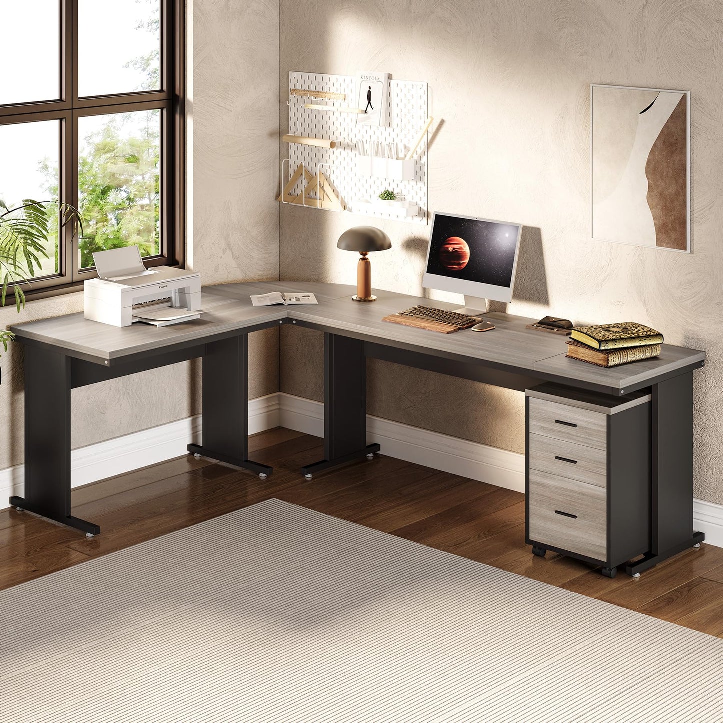 LITTLE TREE 82.67" Long Executive Desk with Drawers, Large L-Shaped Office Desk with Mobile File Cabinet, Farmhouse Computer Office Furniture Work Desk with Storage for Home Office, Gray