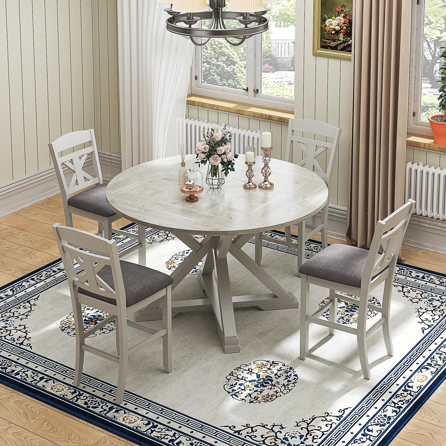 VECELO 7-Piece Solid Wood Foldable Dining Table Set for 6, Farmhouse Round Dining Table with 6 Upholstered Dining Chairs for Dining Room, Kitchen, Washed Gray