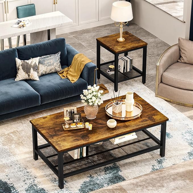 AWQM Coffee Table Industrial Coffee Table with 2 Square End Side Tables, Modern Living Room Table Set with Metal Frame for Apartment Home Office, Rustic Brown Set001