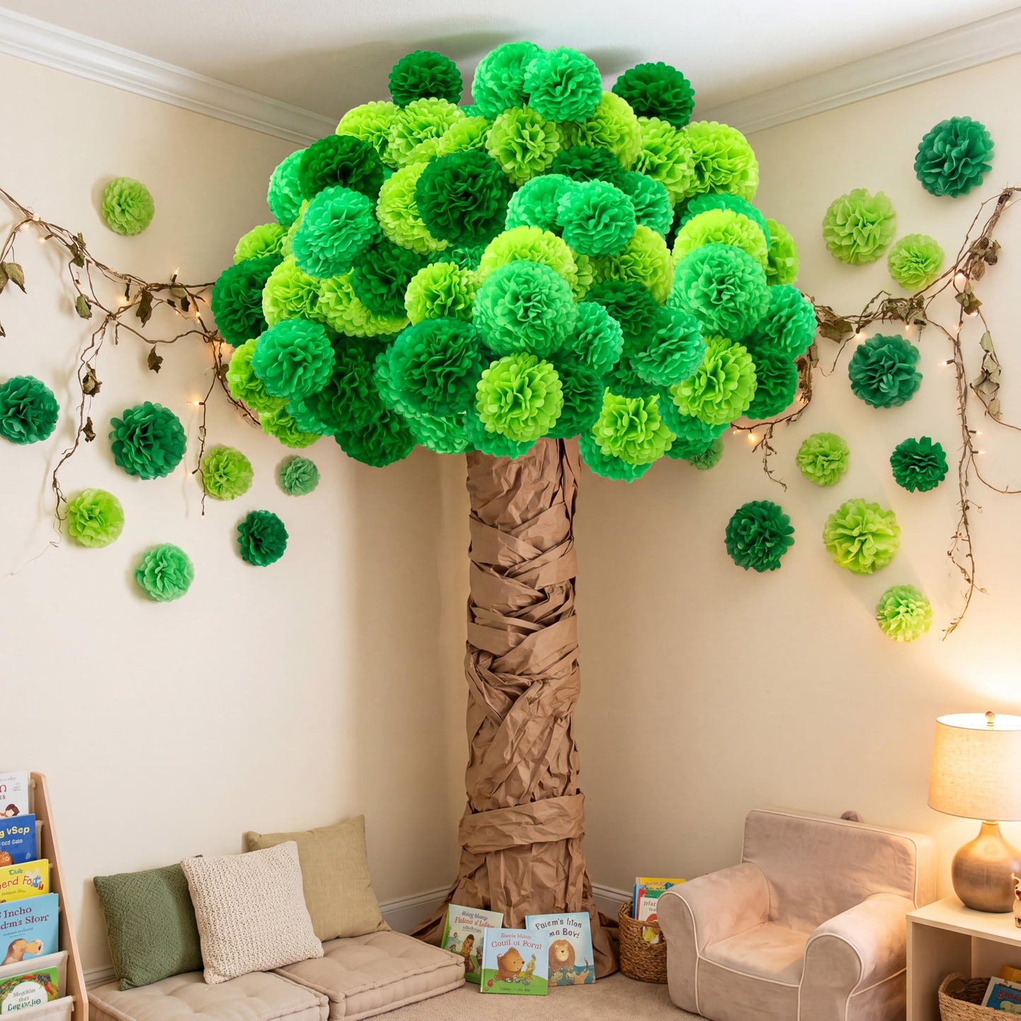 Mooliwe Classroom Tree Bulletin Board Set DIY 3D Cardboard Tree with Paper Pom Poms Kraft Craft Bulletin Board Wall 3D Decorations for School Elementary Teacher Chalkboard (Green,8, 10, 12 Inch)