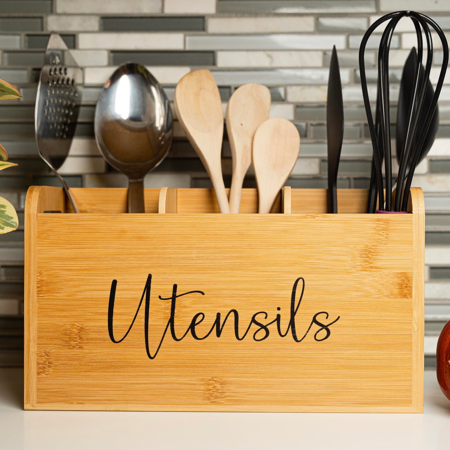 Bamboo Kitchen Utensil Holder for Countertop – Large 3-Compartment Organizer & Caddy with Drain Holes, Farmhouse Utensil Holder for Kitchen Counter, Rustic Wood Storage for Spoons & Spatulas