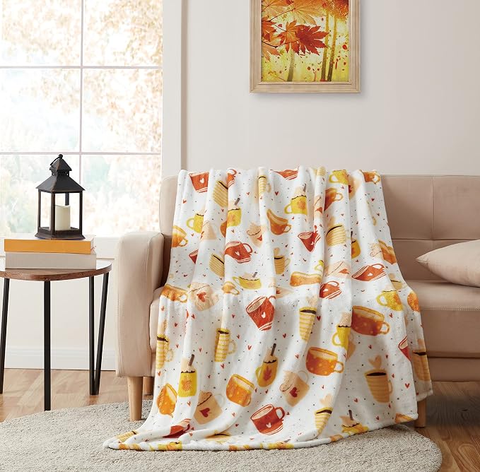 Serafina Home Fall Fleece Throw Blanket: Velvety Soft Pumpkin Spice Cozy Wrap Accent for Sofa Couch Chair Bed Dorm, 50" x 70"