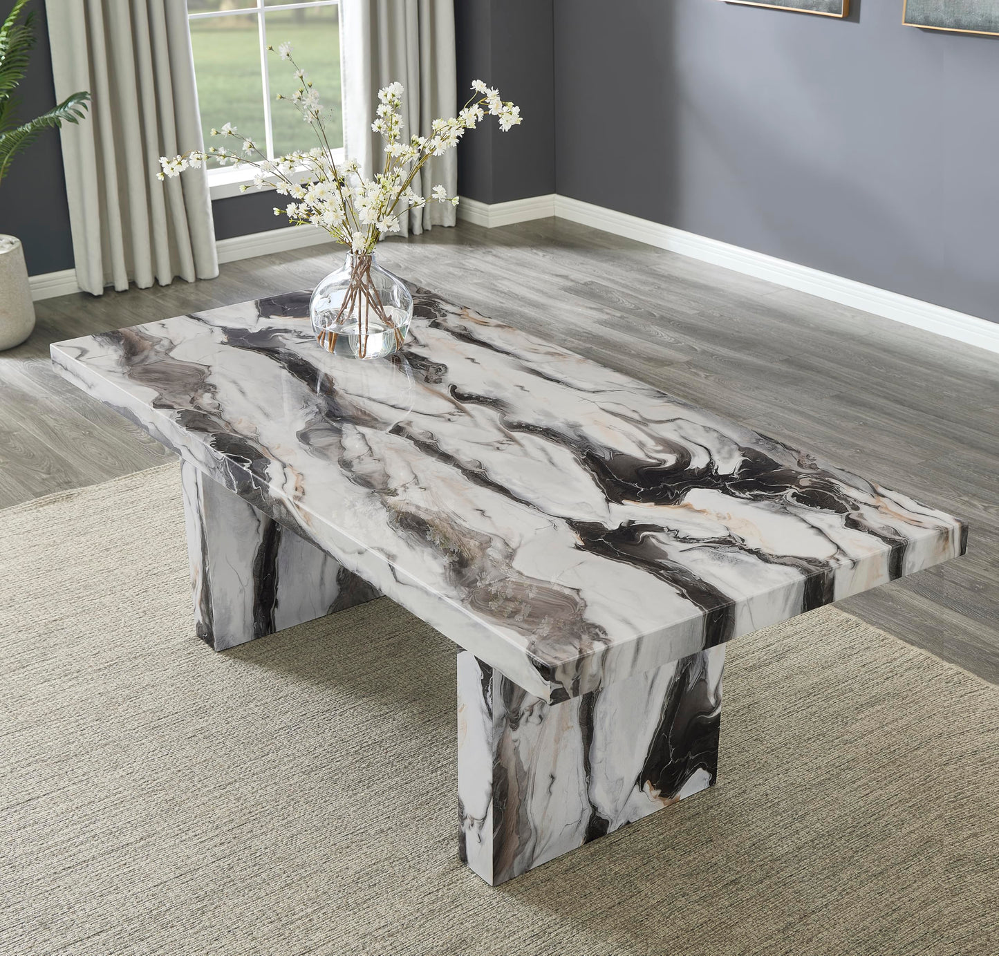 Roundhill Furniture Cavira Modern Faux Marble Dining Table with Double Pedestal Base