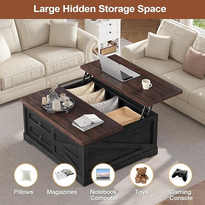 Itaar 39.4'' Lift Top Coffee Table with Storage, Farmhouse Coffee Tables for Living Room, Square Coffee Table with Large Hidden Compartment & 2 Drawers & Adjustable Shelves, Black+Walnut
