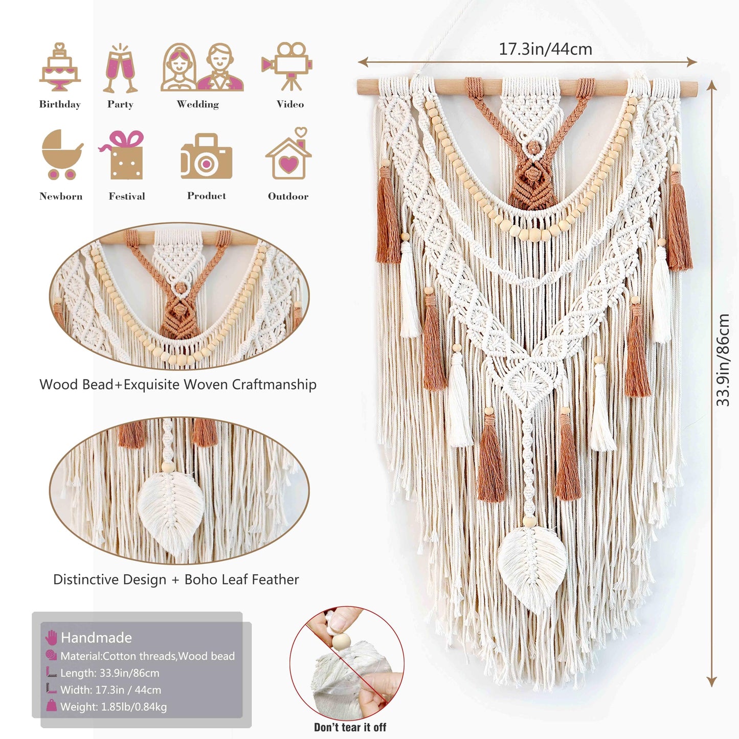 MEIZHIANDME Macrame Wall Hanging, Boho Woven Tapestry Wall Decor, Chic Bohemian Handmade Leaf Feather Wall Art Decorations for Bedroom Living Room Apartment Wedding Party (Leaf & Wood Bead)