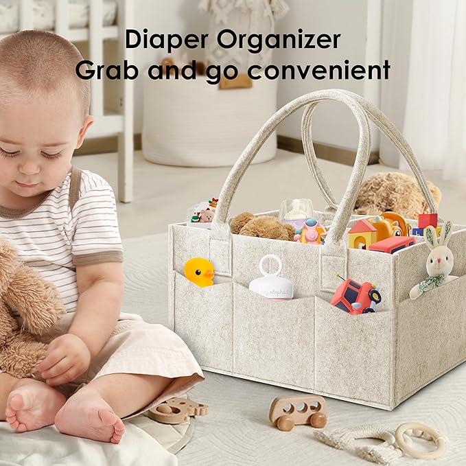 HIPHOP PANDA 2-Pack Diaper Caddy Organizer - Newborn Essentials Baby Registry Must Haves - Sturdy Nursery Storage Bin & Portable Car Caddy for Diapers & Wipes - Grey/Oatmeal Gift Set