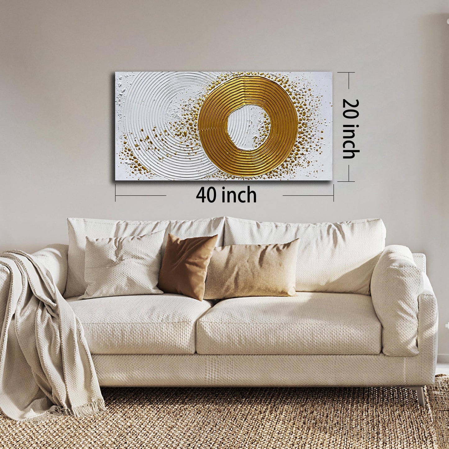 WVMAPTA Abstract Hand Painted Wall Art For Living Room White And Gold Wall Decor For Office Circle Wall Art For Bedroom Size 20 x 40 Inch