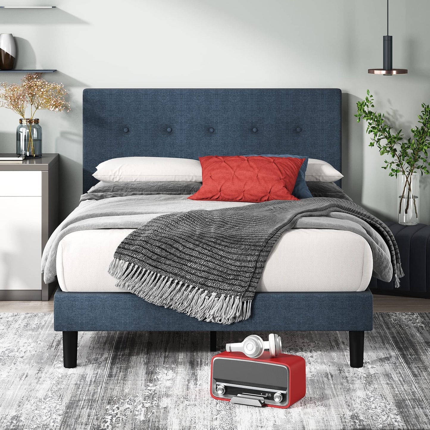 Zinus Omkaram Upholstered Platform Bed Frame, Mattress Foundation, Wood Slat Support, No Box Spring Needed, Easy Assembly, King, Navy