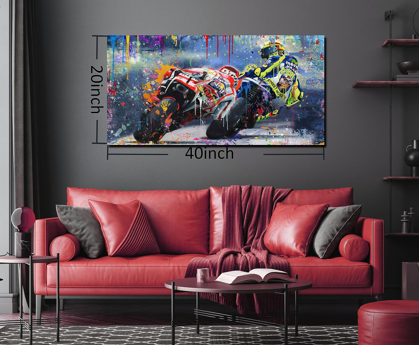 CANEITO Graffiti Motorcycle Wall Art for Teen Boys Room, Cool Posters Bedroom Picture Art, Racer Sports Canvas Art Print Painting Wall Decor for Living Room, 40"x20"