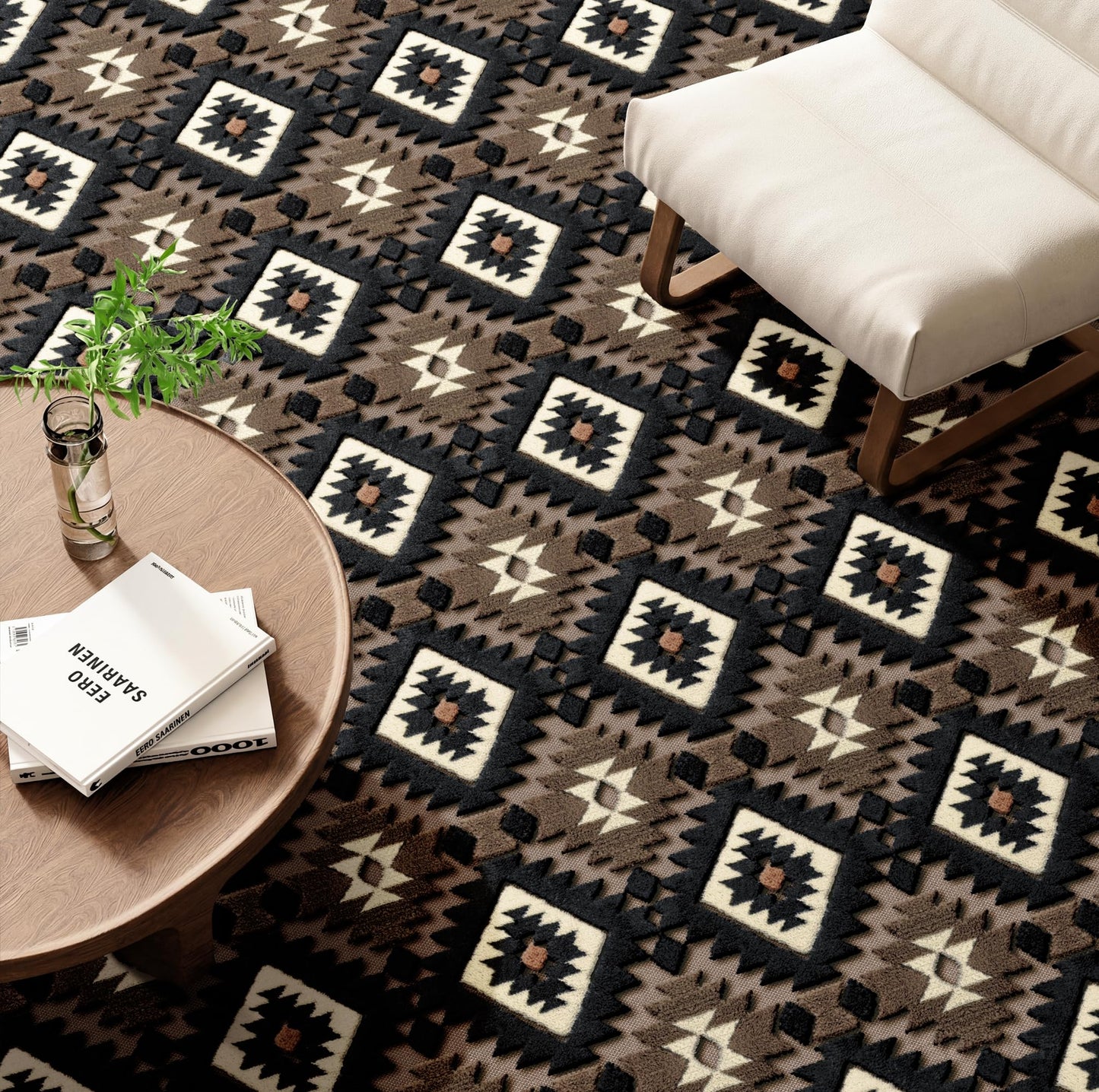 Aztec Area Rug 8x10, High-Low Plush Pile Western Washable Rugs for Living Room Bedroom, Boho Moroccan Geometric Non Slip Textured Fluffy Nursery Carpet Soft Indoor Shag Rugs for Dining Room, Brown