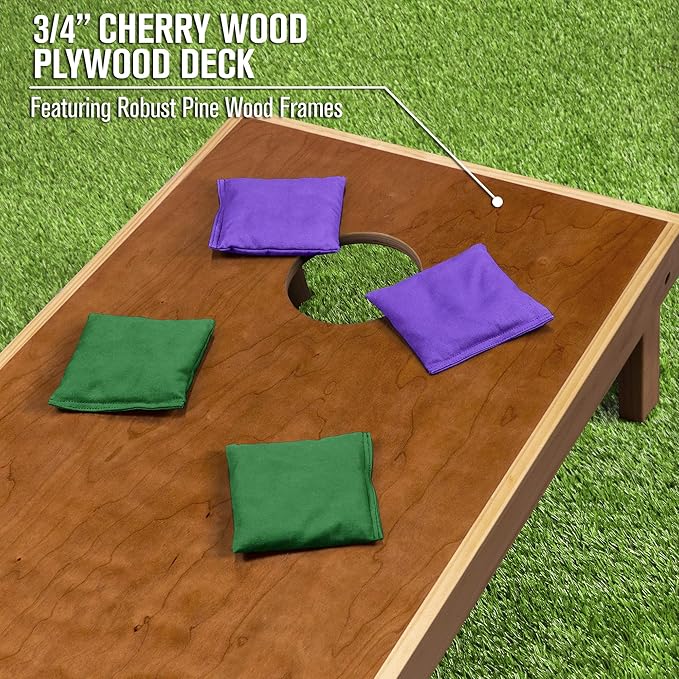 GoSports 4 ft x 2 ft Commercial Grade Cornhole Boards Set - Natural Wood Cornhole Boards, Choose from Different Bean Bag Color Combinations - Purple & Dark Green