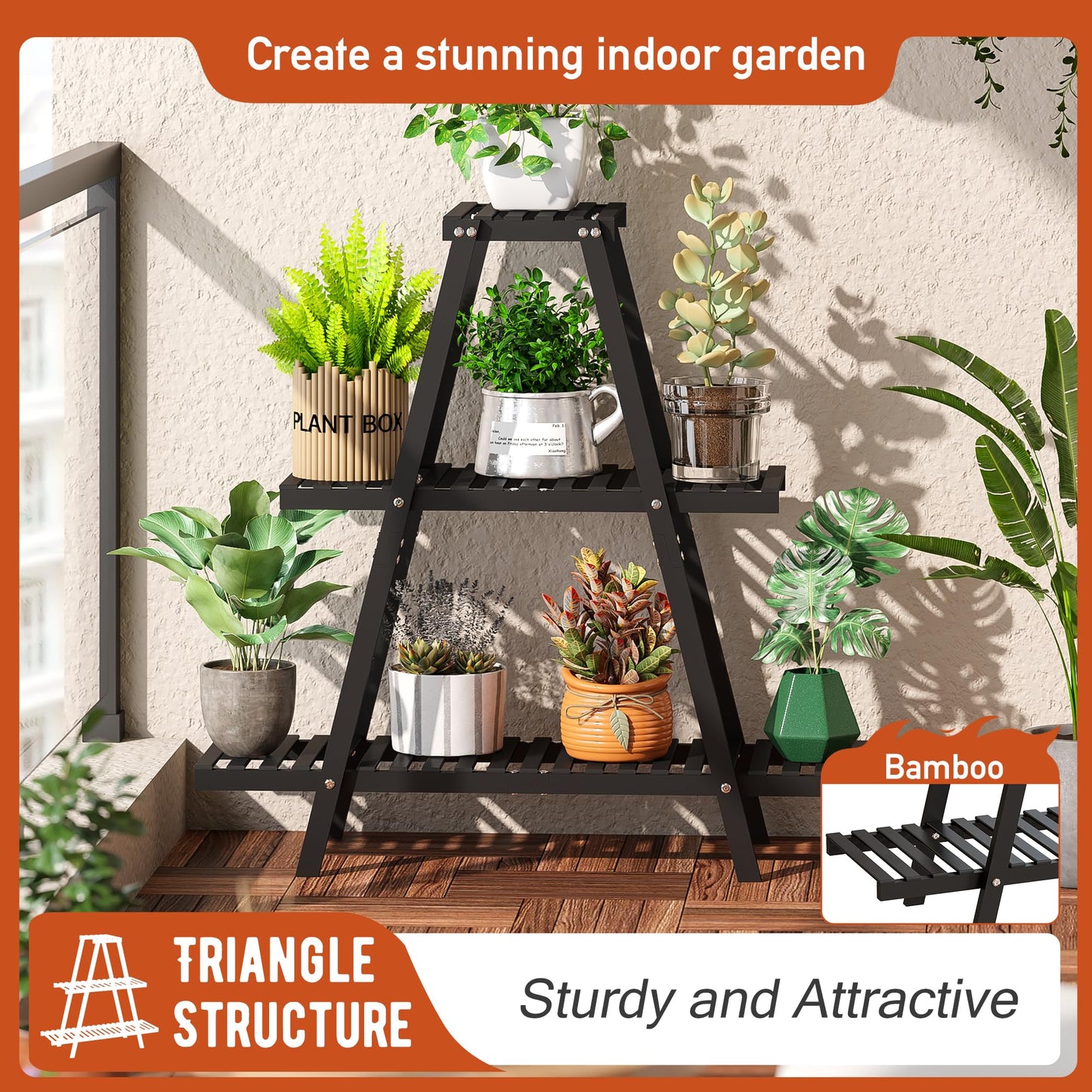 GHWIE Plant Stand Indoor Plant Shelf Outdoor bamboo Plant Rack, 3 Tiers Ladder Plant Holder Flower Stand for Living Room Balcony Garden Patio,Living Room Boho Home Decor for Gardening Gifts (Black)