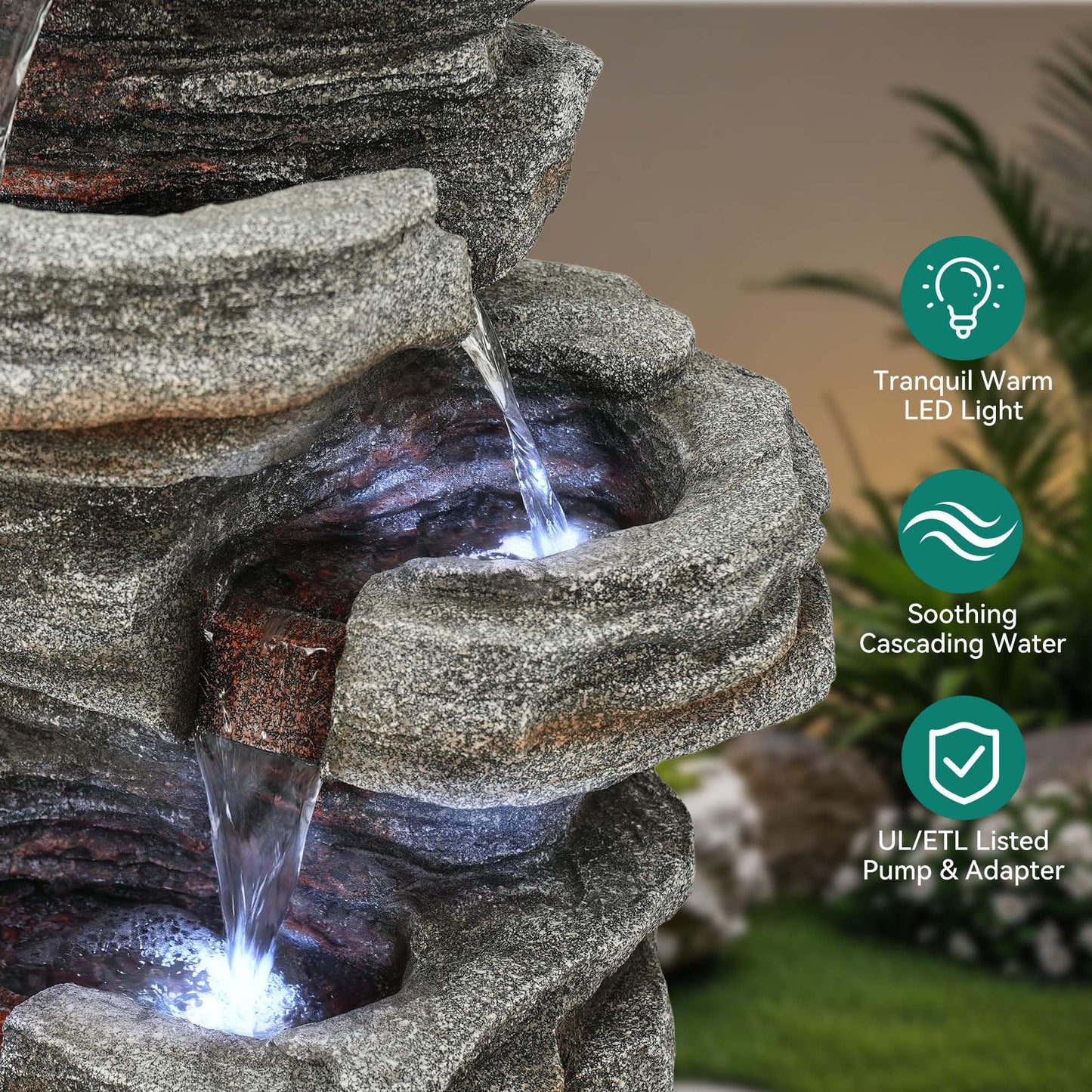 Ultym Extra-Large 6-Tier Outdoor Water Fountain with LED Lights, Cascading Rock Waterfall for Garden Patio Porch, Weather-Resistant Polyresin Water Feature for Tranquil Oasis