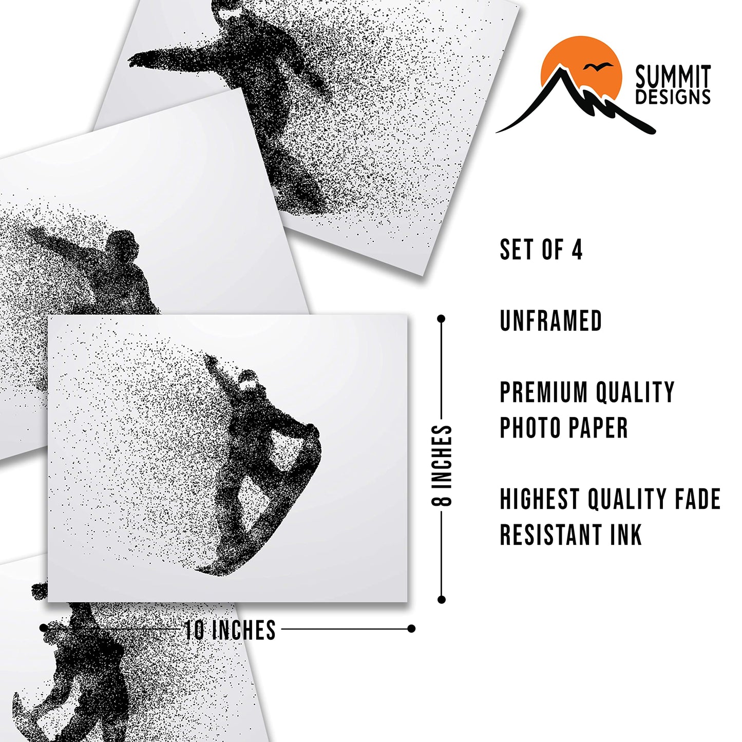 Summit Designs Snowboarding Wall Decor Art Prints - Particle Silhouette – Set of 4 (8x10) Inch Poster Photos Prints - Man Cave, Bedroom Decor - Kids Boys Girls Gift Idea