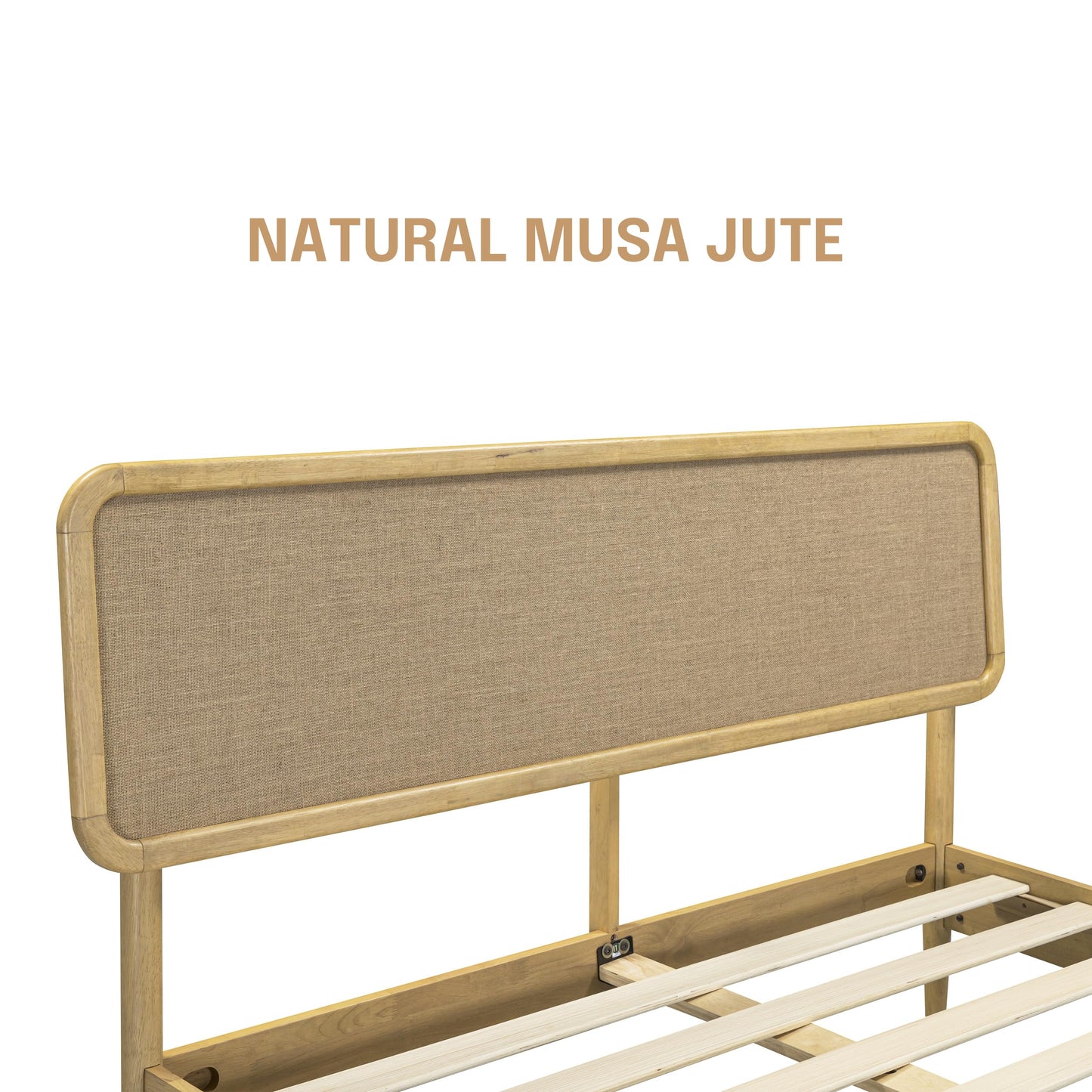 NTC Lupin Wooden Bed Frame with Headboard, Solid Oak and Rubber Wood Foundation with Silent Slats and Wood Central Supports, 1000 Lb Capacity, Queen - Sand