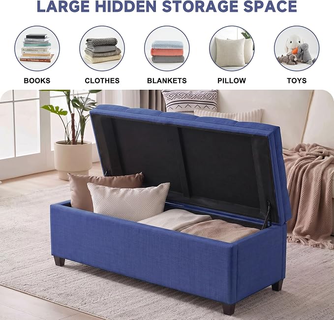 Mangodan 43" Storage Ottoman Bench, Tufted Ottoman with Storage for Living Room, Large End of Bed Ottomans, Modern Entryway Benchs, Window & Bedroom Benches for Foot of Bed (Blue)