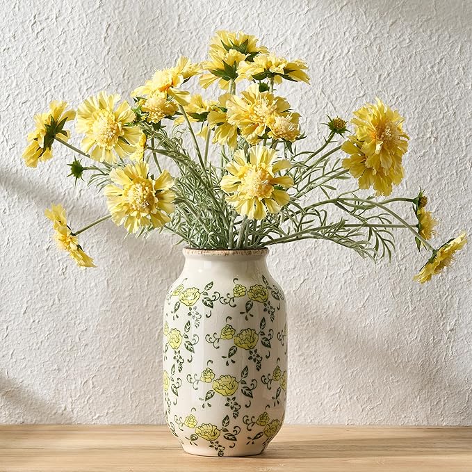 SIDUCAL Ceramic Vintage Pastoral Vase, 8.78 Inch Chinoiserie Floral Vase, Retro Ice Cracked Rustic Farmhouse Vases for Home Decor, Living Room, Bookshelf, Office, Tuscan Decor, Yellow Rose Pattern