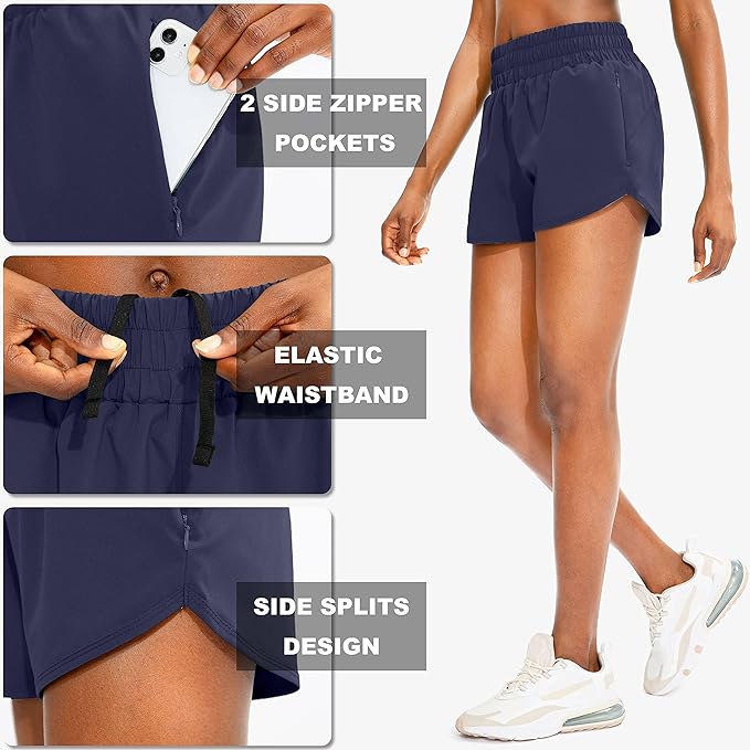 SANTINY Women's Running Shorts with Zip Pockets High Waisted Athletic Workout Gym Shorts for Women with Liner